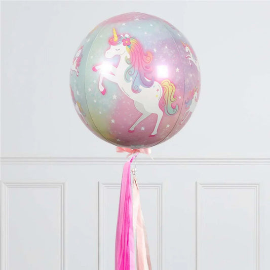 Large pastel unicorn balloon with pink ribbon and star pattern for birthday party decor
