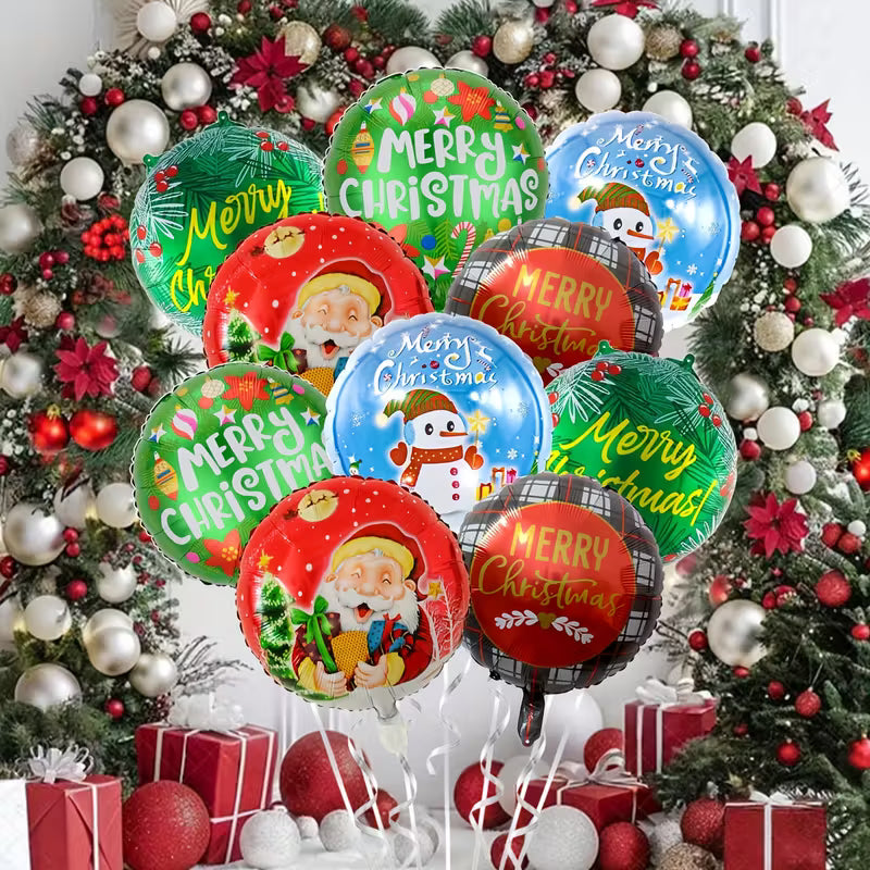 Set of 10 metallic 18-inch Merry Christmas balloons with Santa, snowman, and festive patterns