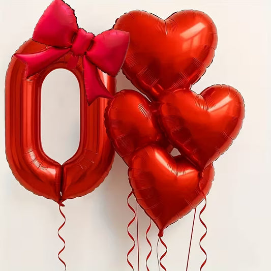 6pcs Set 32-inch Red Number Bow Heart Foil Balloon Set – Elegant Party Decorations in Dubai