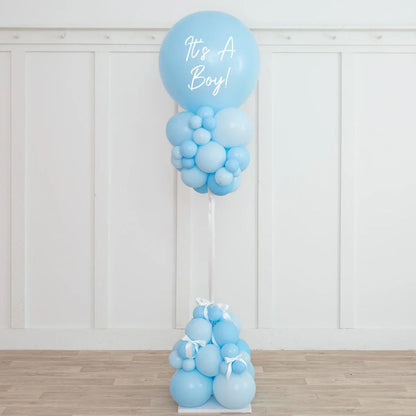 Baby blue balloon pillar with 'It's A Boy!' text, baby shower party decoration