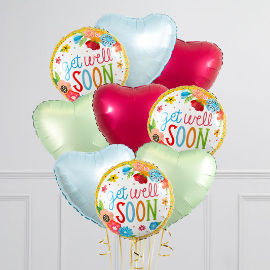 Floral Get Well Soon Hearts – Helium Inflated Foil Balloon Bunch