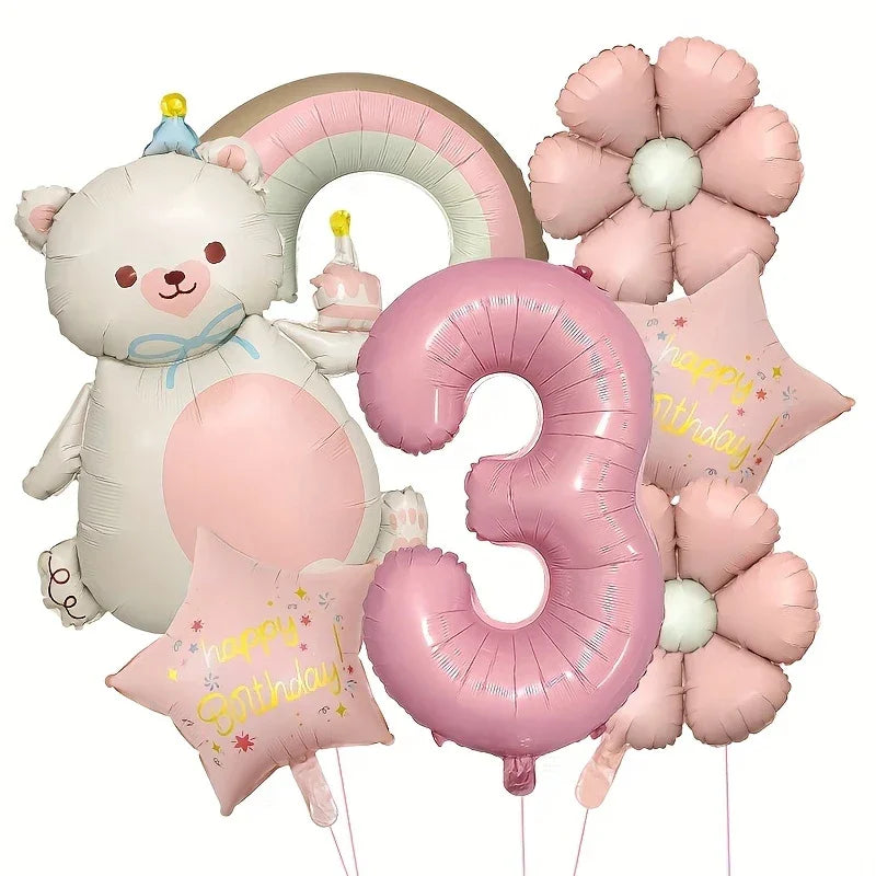 Birthday balloon set with bear, pink number 3, rainbow, flowers, and star-shaped balloons