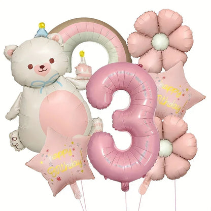 Birthday balloon set with bear, pink number 3, rainbow, flowers, and star-shaped balloons