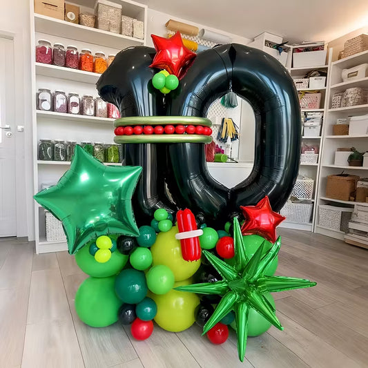 Black Number Balloon Stand Set with Exploding Star Polyester Film Balloons – Stylish Party Decorations in Dubai