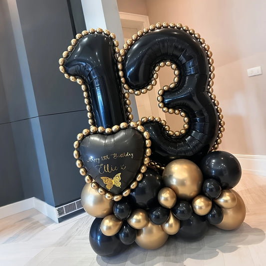 Black &amp; Gold Number Balloon Column Set – Elegant Celebration Decor in Dubai