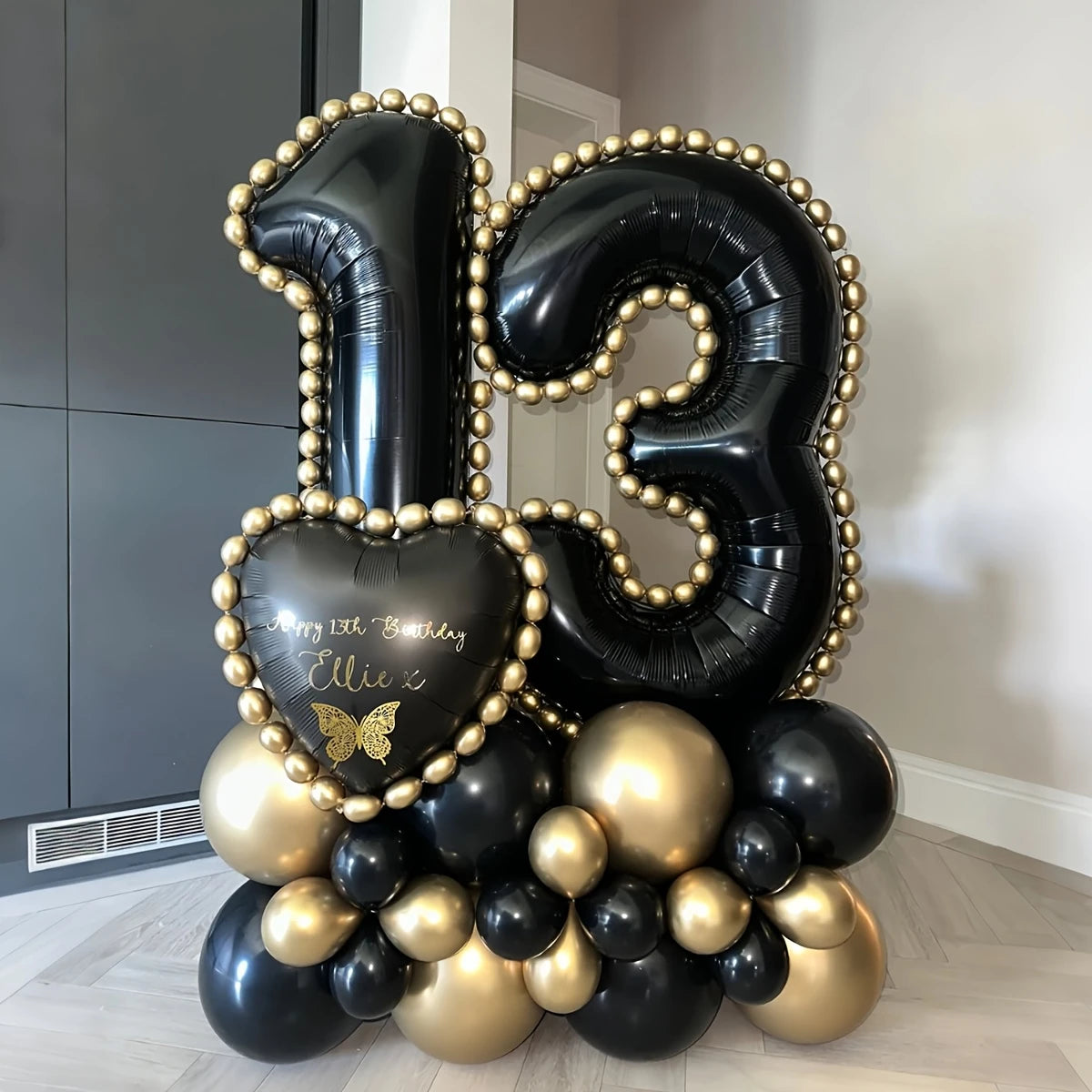 Black &amp; Gold Number Balloon Column Set – Elegant Celebration Decor in Dubai