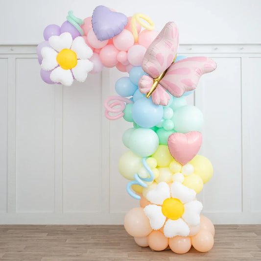 🌼 Daisy Pastel Rainbow Asymmetric Balloon Arch – 2m Freestanding | Balloonshop Dubai