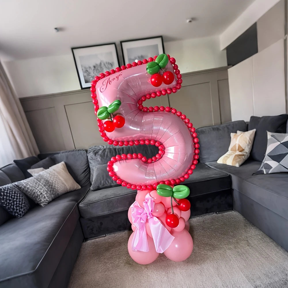 Light Pink Number Balloons 0–9 with Cherry Fruit Foils – Fun & Fruity Party Décor in Dubai