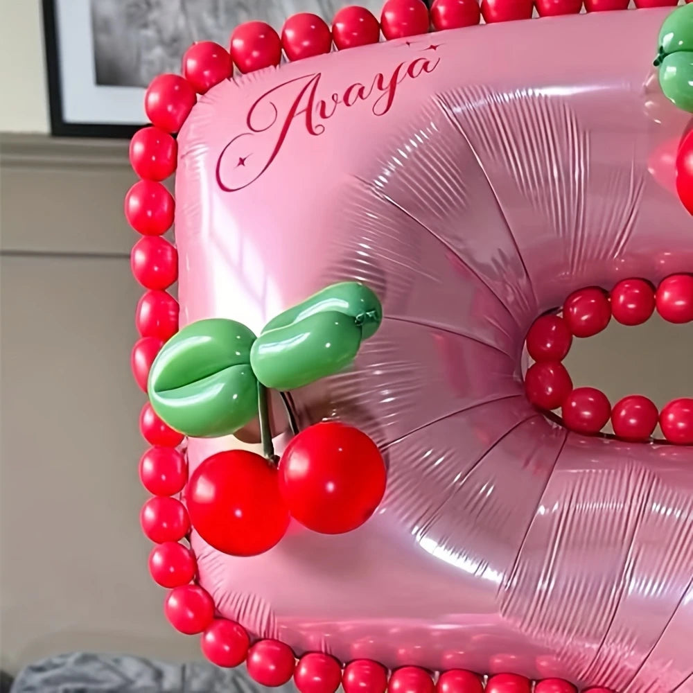 Light Pink Number Balloons 0–9 with Cherry Fruit Foils – Fun & Fruity Party Décor in Dubai