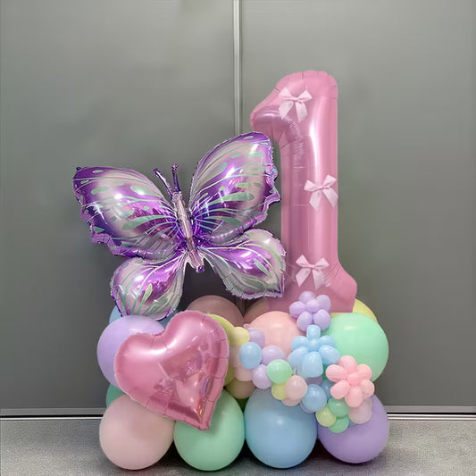Light Pink Number Stand Balloon Kit with Purple Butterfly &amp; Heart-Shaped Foil Balloons – Elegant Party Decorations in Dubai