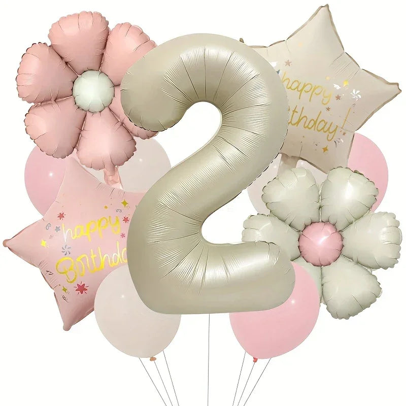 Pink and milky white daisy balloons with a large silver number 2 and happy birthday star balloons
