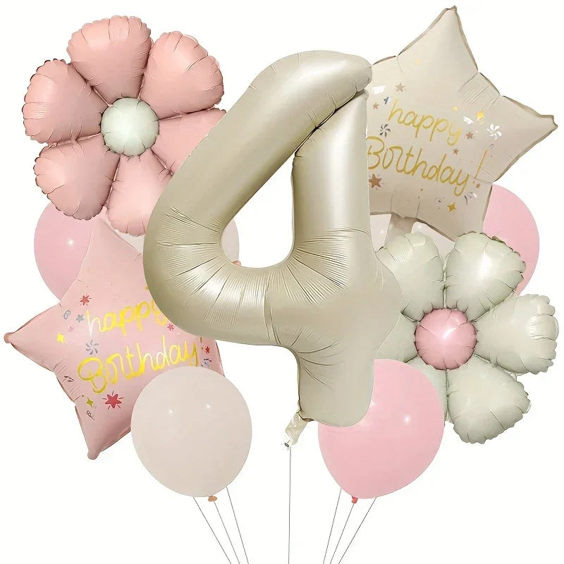 Pink and white flower and star-shaped helium balloons with silver number 4 balloon for happy birthday party decoration