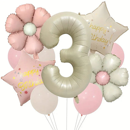 Pink and white daisy and star-shaped balloons with silver number 3 balloon for birthday party decoration