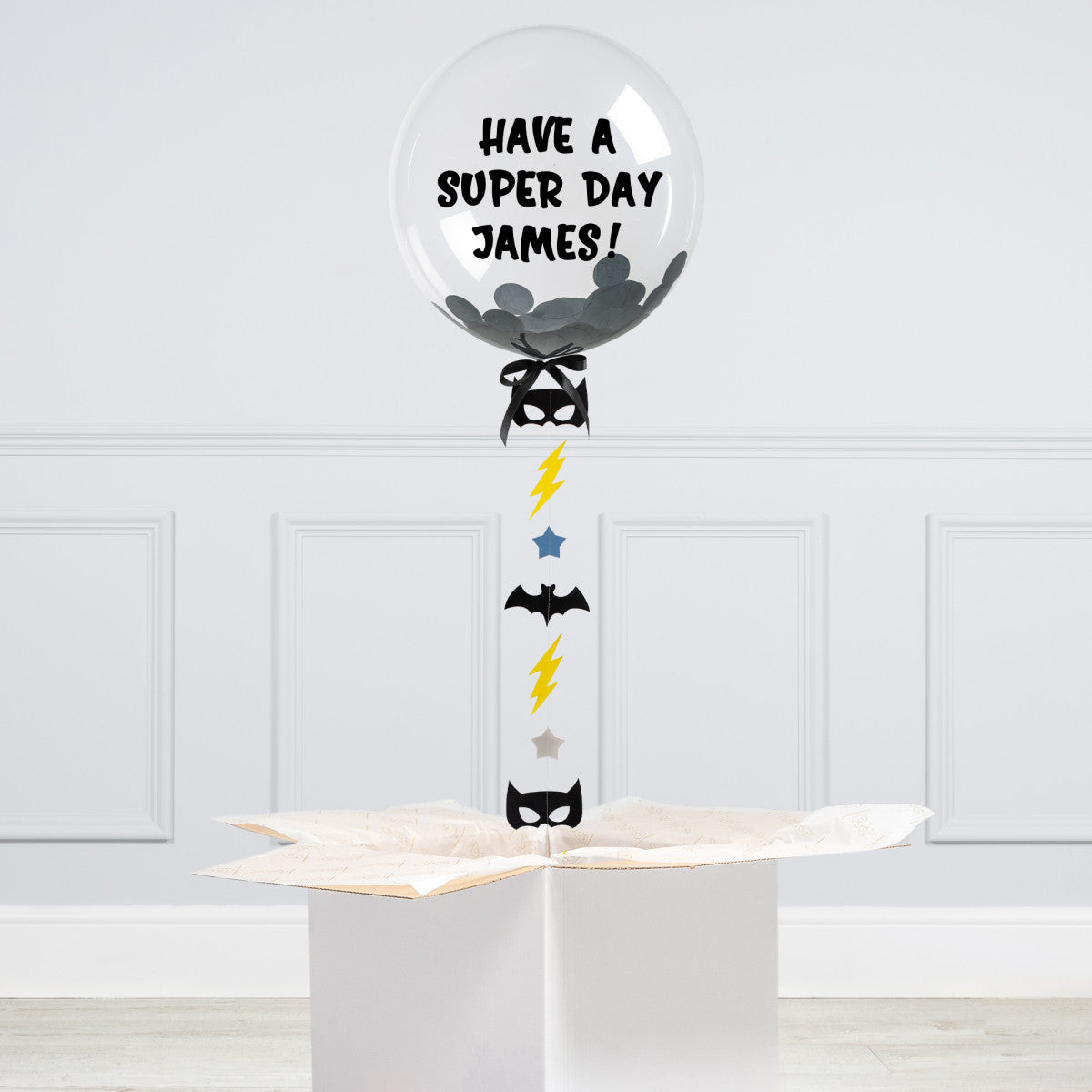 Batman-Themed 20" Helium Bubble Balloon with Bats, Stars, and Lightning Bolts Tail