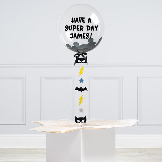 Batman-Themed 20" Helium Bubble Balloon with Bats, Stars, and Lightning Bolts Tail