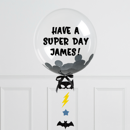 Batman-Themed 20" Helium Bubble Balloon with Bats, Stars, and Lightning Bolts Tail