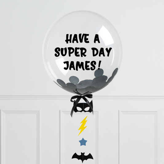 Batman-Themed 20" Helium Bubble Balloon with Bats, Stars, and Lightning Bolts Tail