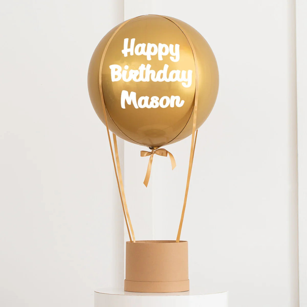 Gold hot air balloon gift box with personalized Happy Birthday Mason message