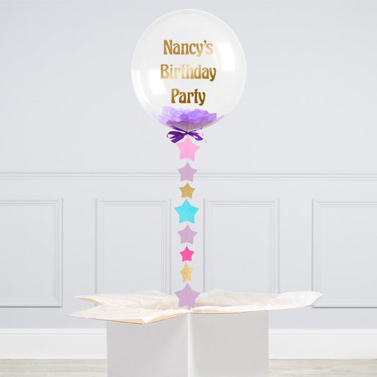 Personalised Purple Confetti Bubble Balloon – 20” Helium-Inflated