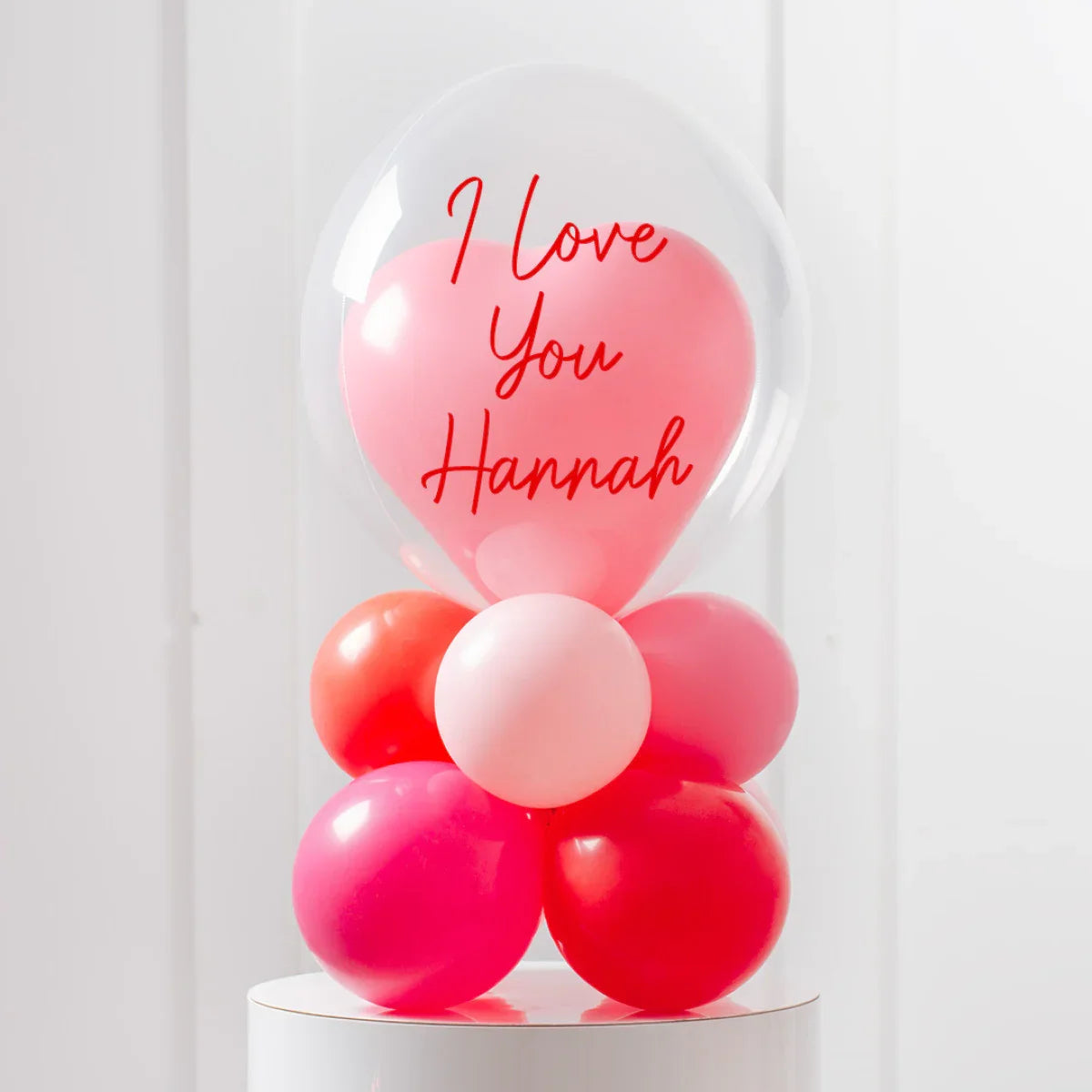 Personalised Valentine’s Day balloon stack with heart and 'I Love You Hannah' message