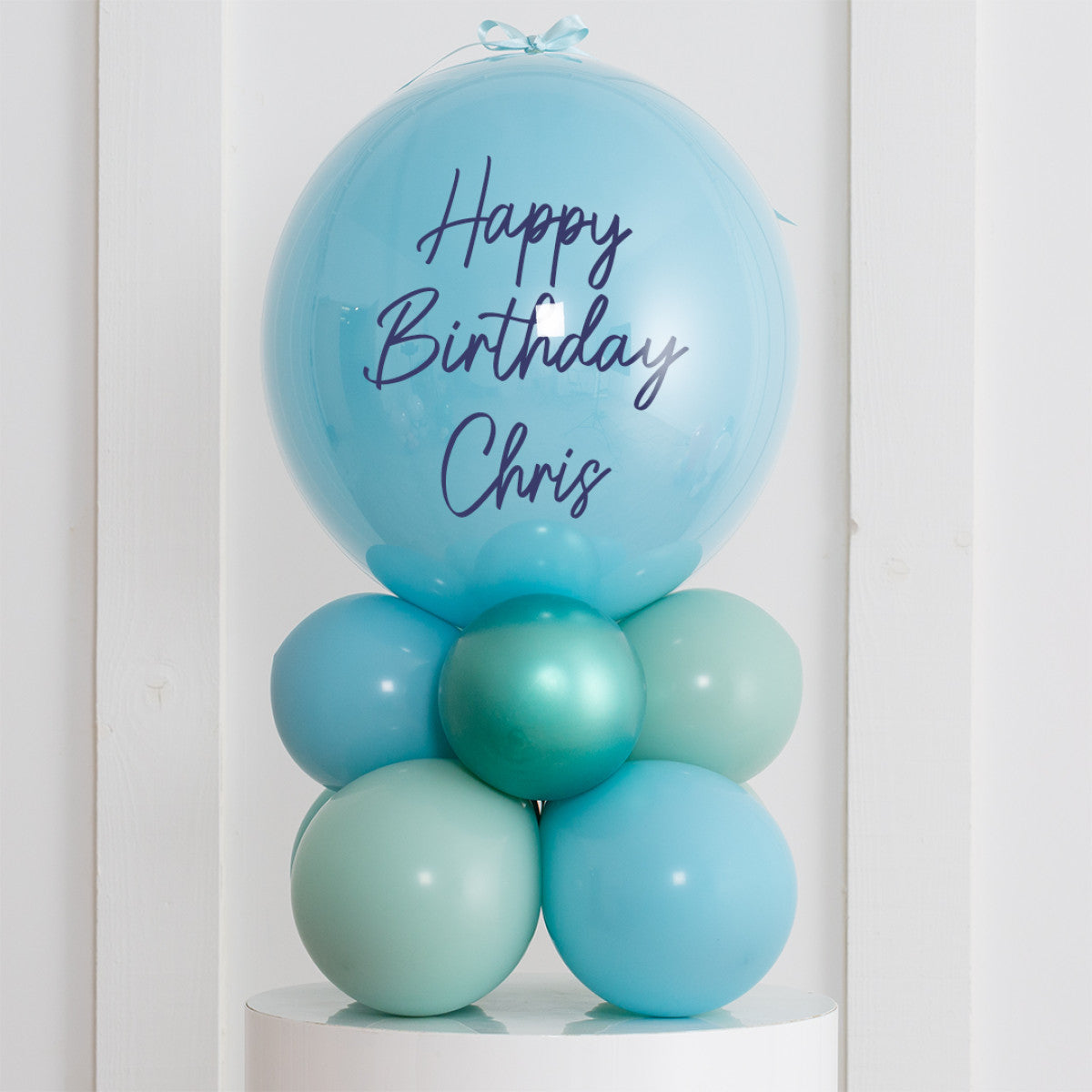 Blue Lagoon Balloon Stack – Personalized 20" Bubble Balloon Display