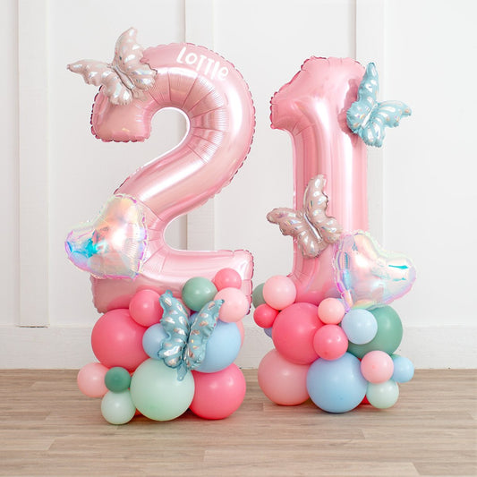 Personalized Baby Pink Number Balloon Stack – Pastel Butterfly &amp; Heart Theme