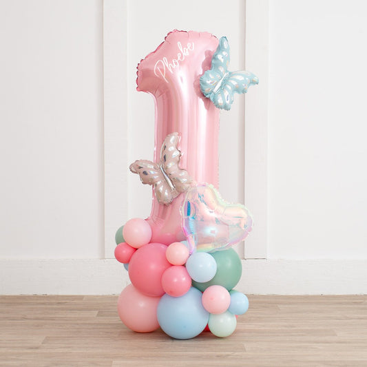 Personalized Baby Pink Number Balloon Stack – Pastel Butterfly &amp; Heart Theme