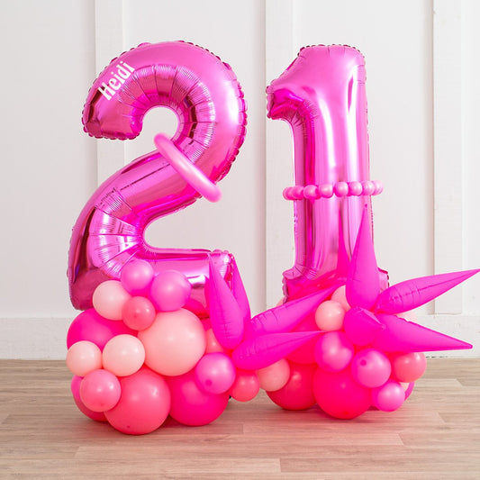 Personalized 26" Fuchsia Foil Number Balloon with Neon Pink Latex Stack