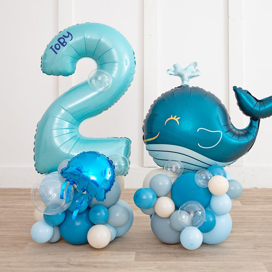 Ocean-Themed Pastel Blue Number Balloon Stack – Personalized &amp; Freestanding