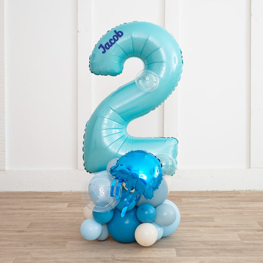Ocean-Themed Pastel Blue Number Balloon Stack – Personalized &amp; Freestanding