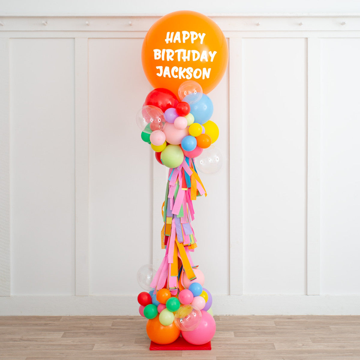 Personalized Rainbow Balloon Party Pillar – 2.5m Freestanding Display