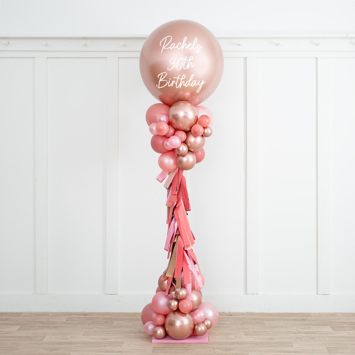 Rose Gold Blush Personalized Balloon Party Pillar – 2.5m Tall