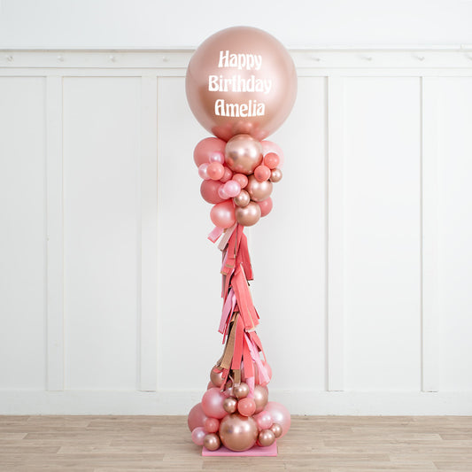 Rose Gold Blush Personalized Balloon Party Pillar – 2.5m Tall