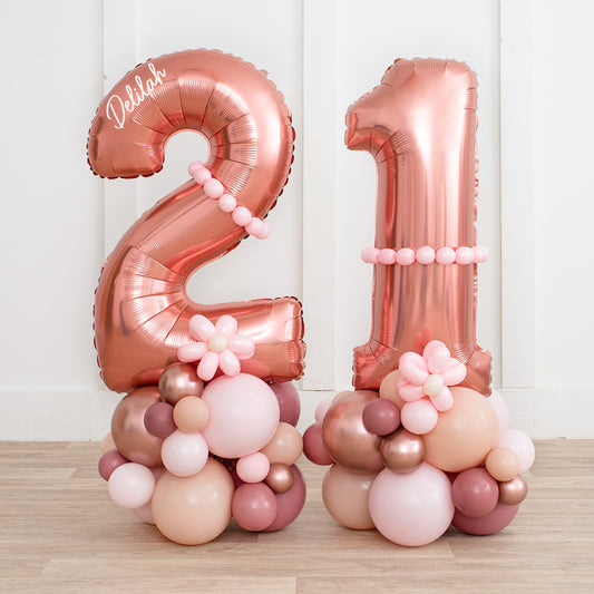 Personalized 26" Rose Gold Foil Number Balloon on Rose Gold &amp; Baby Pink Latex Balloon Stack