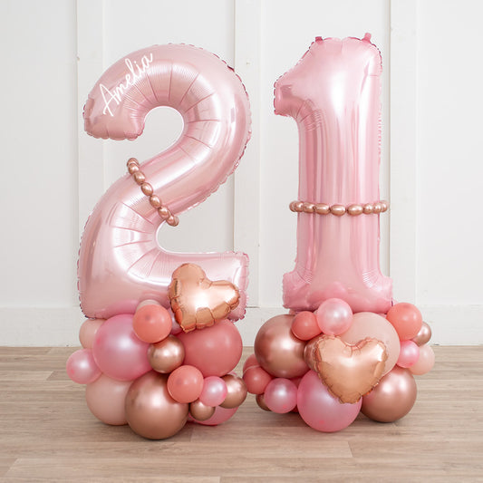 Personalized 26" Baby Pink Foil Number Balloon with Rose Gold Blush Latex Balloon Stack