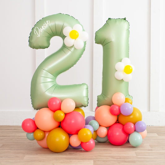 Olive Green Number Balloon with Summer Daisies Stack