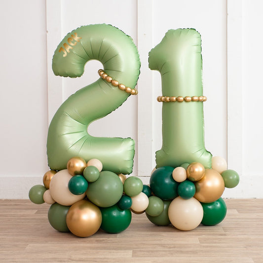 Personalized Olive Green Number Balloon Stack – Elegant Eucalyptus Design