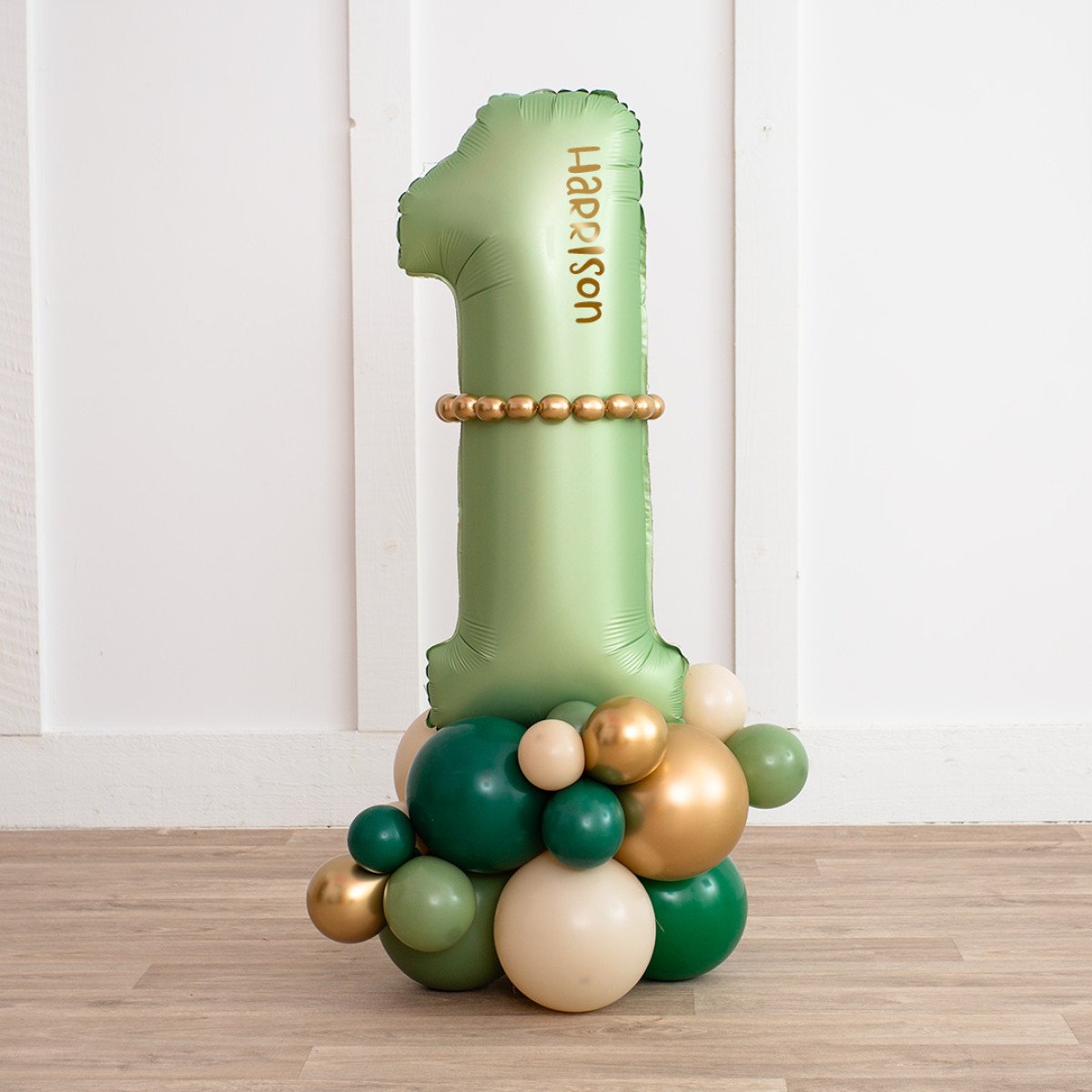 Personalized Olive Green Number Balloon Stack – Elegant Eucalyptus Design