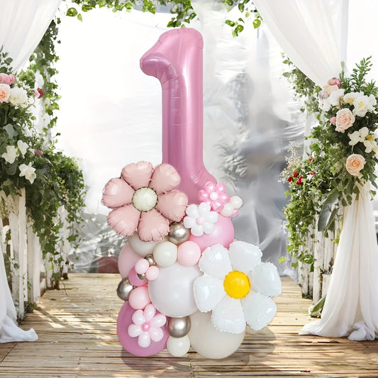 Pink Number Balloon Column with Daisy Accents – Daisy-Themed Party Decor in Dubai