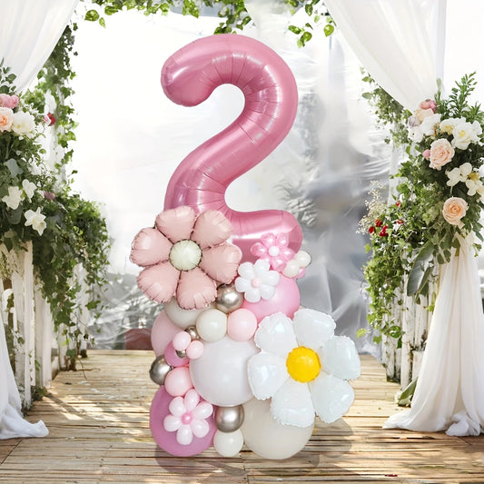 Pink Number Balloon Column with Daisy Accents – Daisy-Themed Party Decor in Dubai