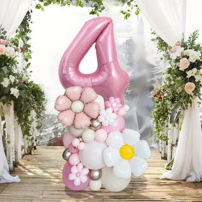 Pink Number Balloon Column with Daisy Accents – Daisy-Themed Party Decor in Dubai