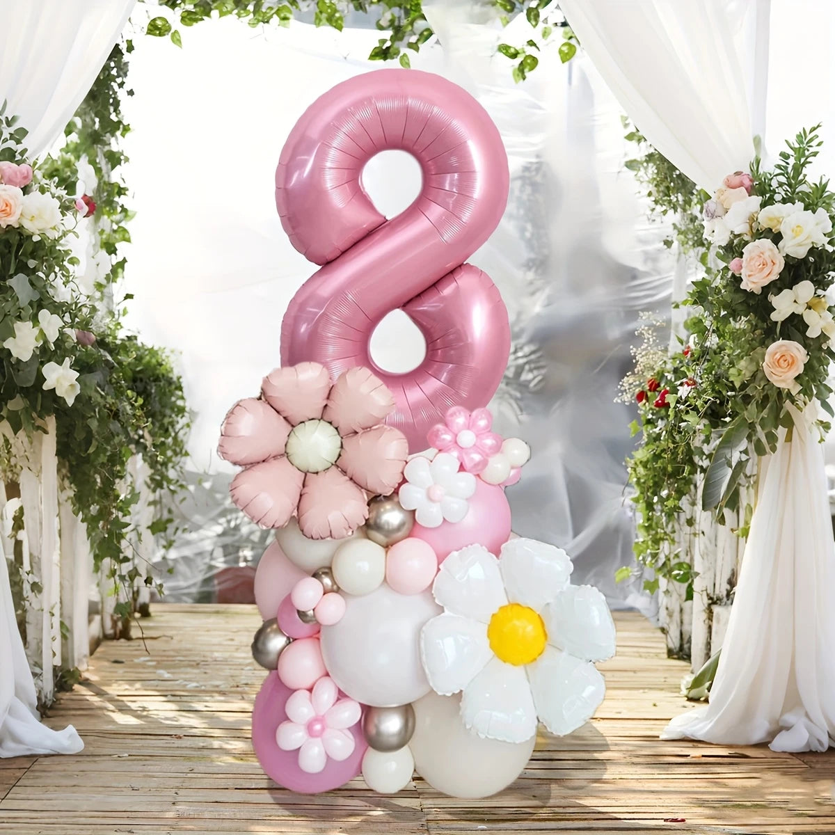 Pink Number Balloon Column with Daisy Accents – Daisy-Themed Party Decor in Dubai