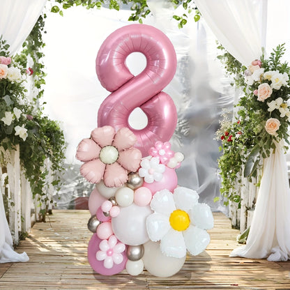 Pink Number Balloon Column with Daisy Accents – Daisy-Themed Party Decor in Dubai