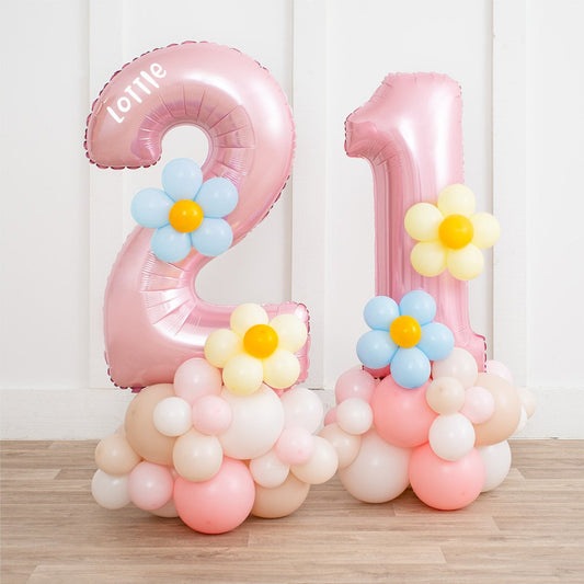 Personalized Baby Pink Foil Number Balloon Stack with Pink Pastel Daisy Base