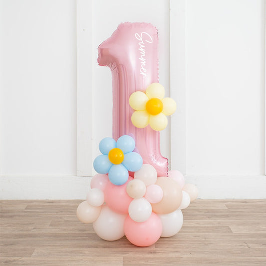 Personalized Baby Pink Foil Number Balloon Stack with Pink Pastel Daisy Base