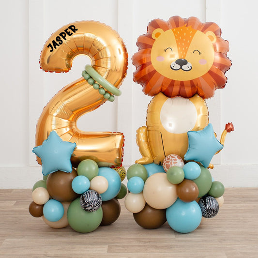Personalized Safari-Themed Gold Number Balloon Stack – Freestanding &amp; Eco-Friendly