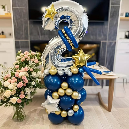 Silver Number Column Balloon Kit with Navy Blue, Golden &amp; Silver Latex Balloons – Elegant Party Decor in Dubai