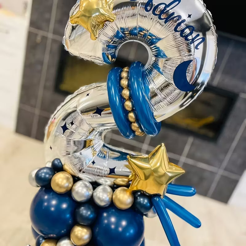 Silver number 2 balloon with navy blue and gold star balloons, birthday decoration