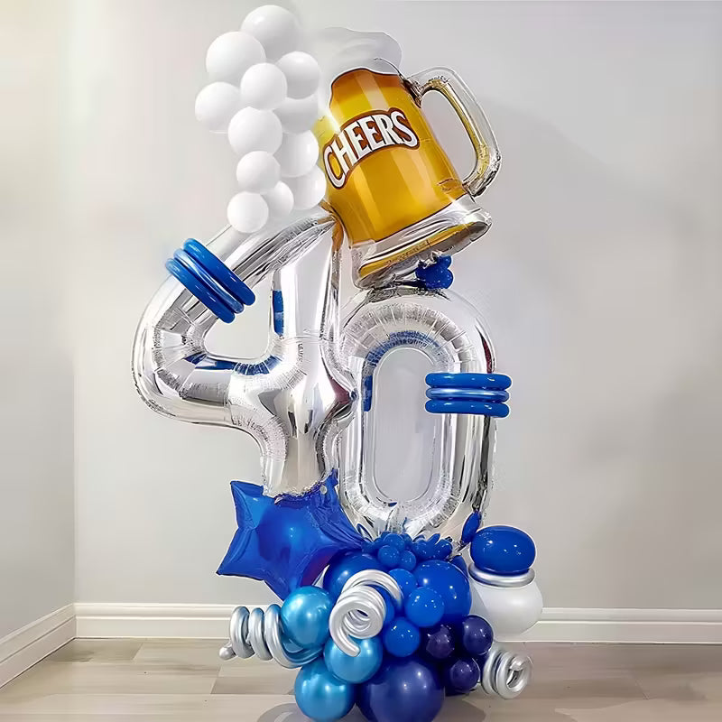Silver foil balloons forming number 40 with blue decorations and beer mug cheers balloon