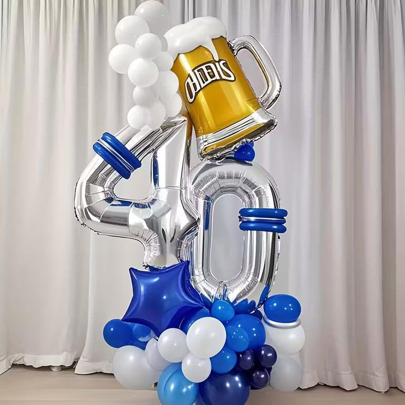 Silver number 40 balloon stand with blue and white balloons and a gold beer mug foil balloon